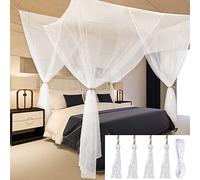 Cortinas con Dosel para Cama de Poliéster, 4 Puertas, Apertura de Malla Fina, Sueño Tranquilo, Fiesta en el Jardín/Picnic, Color Blanco (White)