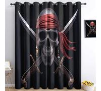 Cortinas con Ojales para oscurecer la habitación Negro, Cortinas de Microfibra Bandana de Calavera Pirata Cortinas con patrón Que bloquean la luz para el Dormitorio 117An x 183Al cm (2 Paneles)