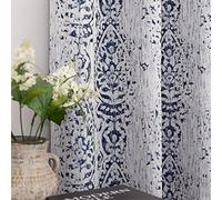 Cortinas con patrón azul marino de 84 pulgadas de largo para sala de estar, juego de 2 paneles con ojales, estampado de medallón de damasco, texturizado, gris, crema, blanco, jacquard, 50% opacas,