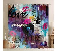 Cortinas con temática musical que bloquean entre un 30% y un 50 % de luz, diseño retro de labios rosados, para sala de estar, silueta de guitarra, arte hippie, graffiti, arte, 46 pulgadas de ancho x