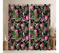 Cortinas de acuarela con flores que bloquean entre un 30% y un 50 % de luz, bonitas cortinas de decoración del hogar con diseño de colibrí para sala de estar, hojas florales rosadas, cortina rústica