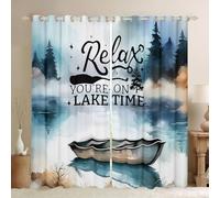 Cortinas de casa de lago para dormitorio, 167.6 cm de ancho x 228.6 cm de largo, cortinas de ventanas de pesca y navegación bloquean entre el 30% y el 50% de la luz, diseño de árbol de niebla