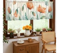Cortinas de cocina con diseño de amapola, helecho natural botánico, lavanda, primavera, naranja, cenefa corta, decoración de ventana para comedor, desayuno, rincón, área de fregadero, 18 x 52 pulgadas