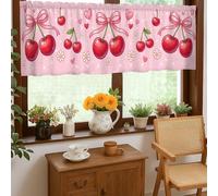 Cortinas de cocina con diseño de cerezas y corazones, lazos primaverales, color melocotón, cenefa de un solo panel para ventana de cocina, cortinas sobre fregadero, 18 x 52 pulgadas