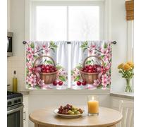 Cortinas de cocina con diseño de cesta de cerezas rústicas, flores primaverales, cortinas de cocina con filtro de luz roja para ventana sobre fregadero, 24 x 26 pulgadas