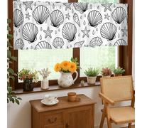 Cortinas de cocina con diseño de concha náutica costera con gotas de estrella de mar de verano, bolsillo para barra, cenefa de ventana, decoración de ventana para fregadero, comedor, baño, 18 x 52