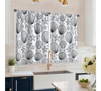 Cortinas de cocina con diseño de concha náutica costera con gotas de estrellas de mar, cortinas cortas de verano para ventanas de cocina sobre fregadero, 66 x 114 cm