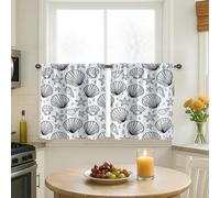 Cortinas de cocina con diseño de concha náutica costera con gotas de estrellas de mar, cortinas negras de verano para ventanas pequeñas para ventana de cocina sobre fregadero, 24 x 26 pulgadas