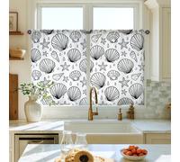 Cortinas de cocina con diseño de concha náutica costera, gotas de estrellas de mar, paneles de cortina de verano con bolsillo para barra para fregadero de caravana pequeña, ventana estrecha de 26 x 36