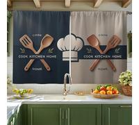 Cortinas de cocina con diseño de cuchara, estilo moderno y contemporáneo, con diseño de sombrero de chef, color azul marino, juego de cortinas escalonadas para fregadero de caravana pequeña, ventana