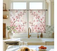 Cortinas de cocina con diseño de flores de cerezas, con diseño de ramas de mariposa románticas de primavera y melocotón, para ventana de cocina sobre fregadero, 66 x 91 cm