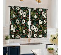 Cortinas de cocina con diseño de flores, diseño botánico moderno de hojas, bayas, primavera, verde oscuro, cortinas de cocina que filtran la luz, para pequeña caravana, área de fregadero, ventana