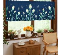 Cortinas de cocina con diseño de flores, estilo botánico, moderno, hoja, helecho, primavera, color azul marino, cenefa de un solo panel para decoración de ventana para fregadero, comedor, baño, 18 x