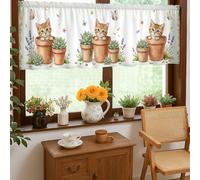 Cortinas de cocina con diseño de gato, diseño de helecho suculento, color verde primavera, cenefa de un solo panel para ventana de cocina, cortinas sobre fregadero, 18 x 52 pulgadas