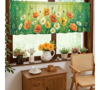 Cortinas de cocina con diseño de girasoles, flores de helecho, verde primavera, cortas, decoración de ventana para fregadero, comedor, baño, 18 x 52 pulgadas