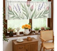 Cortinas de cocina con diseño de nenúfares de agua con diseño floral de helecho azul primavera melocotón, cenefa corta, decoración de ventana para fregadero, comedor, baño, 18 x 52 pulgadas