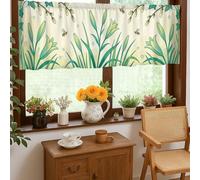 Cortinas de cocina con diseño de pájaros, diseño de flores de helecho botánico, color verde primavera, cortina corta para fregadero de caravana pequeña, ventana estrecha, 18 x 52 pulgadas