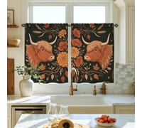 Cortinas de cocina con diseño de vaca de las tierras altas, flores rústicas otoñales, hojas de otoño, cortinas con patrón verde oscuro para lavandería, fregadero, pasillo, apartamento, decoración de