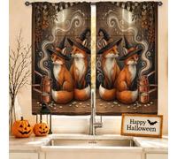 Cortinas de cocina con diseño de zorros, sombrero de bruja juguetón, calabazas, Halloween, cortinas naranjas para ventana pequeña para lavandería, fregadero, pasillo, apartamento, decoración de