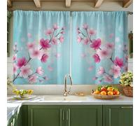 Cortinas de cocina con flores de cerezas, pétalos florales de primavera, burbujas, paneles de cortina de café azul claro con bolsillo para barra para cortinas de ventana de cocina sobre fregadero, 107