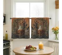 Cortinas de cocina de botella de aceite de oliva, diseño rústico de hojas de granja, bayas, otoño, marrón terroso, cortinas de cocina que filtran la luz, decoración de ventana para fregadero, comedor