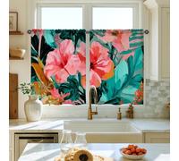 Cortinas de cocina de hibisco, hojas tropicales vibrantes florales de verano, melocotón, cortinas cortas para decoración de ventanas para comedor, desayuno, rincón, fregadero, área de 66 x 91 cm