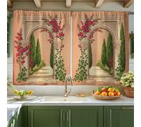 Cortinas de cocina en arco, cortinas cortas de hiedra rústica mediterránea de buganvillas verde primavera para ventanas, decoración de ventana para fregadero, comedor, baño, 107 x 114 cm