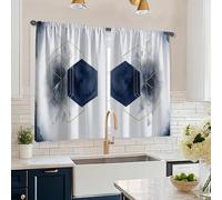 Cortinas de cocina hexagonales, modernas, contemporáneas, geométricas, acuarelas, ninguna, azul marino, escalonadas, decoración de ventana para comedor, desayuno, rincón, fregadero, área de 66 x 114