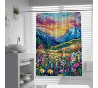 Cortinas de ducha bohemias minimalistas W150xL180cm Cabaña del Valle de las Montañas Nevadas campo de flores pintura del cielo atardecer tela impermeable lavable forro para cortinas de ducha de baño