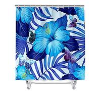 Cortinas de Ducha con Estampado Plantas para Baño, Mateju Impermeable Antimoho Poliéster Cortinas Baño Incluye 12 Anillas en C para Hogar Bañera Dormitorio Apartamento (120x180cm,Flor Azul)