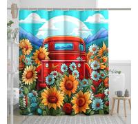Cortinas de ducha impermeables de primavera, diseño de camión de dibujos animados, girasol, plantas, flores, montaña, nube, rojo, naranja, azul, poliéster, decorativo, para el baño, con 12 ganchos