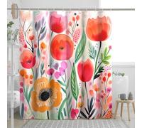 Cortinas de ducha impermeables de primavera, diseño de flores, acuarela, hojas artísticas, plantas, abstracto, rojo, naranja, verde, poliéster, decoración de baño, casa, apartamento, hotel, dormitorio