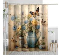 Cortinas de ducha impermeables de primavera, estilo retro, botella de flores, mariposas, hojas botánicas, vintage, estéticas, amarillas, marrones, poliéster, juego decorativo para el baño, con 12