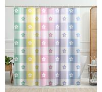 Cortinas de ducha impermeables de primavera, fondo a cuadros, lindo patrón floral de dibujos animados, para niños, azul, rosa, amarillo, verde, poliéster, decoración de baño, hotel, dormitorio, casa