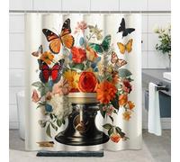 Cortinas de ducha impermeables de primavera, retro, hojas rústicas, mariposas, flores, plantas, naranja, rojo, poliéster, decoración de baño, casa, apartamento, hotel, dormitorio, juego con 12 ganchos
