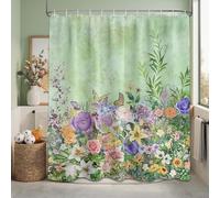Cortinas de Ducha Verdes de Primavera con Estampado Floral de Flores Silvestres y Plantas botánicas para la decoración del baño, Cortina de baño de Tela Impermeable con Ganchos, 120x240 cm(anxal)