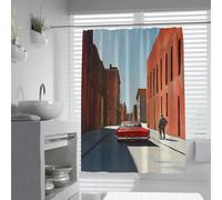 Cortinas de Ducha Vintage de Mediados de Siglo, Edificios de ladrillo Rojo, Cortinas de baño con patrón de Sombra de Hombre de Coche clásico para decoración estética del baño 200 x 220 cm