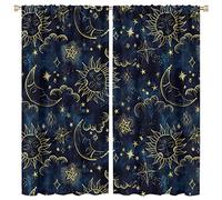 Cortinas de sol y luna, diseño bohemio, hippie, arte indio, bohemio, espacio exterior, cosmos, sol, luna, estrellas, patrón impreso, cortinas de ventana para sala de estar, oficina, 2 paneles, 42 x 45