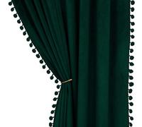 Cortinas de terciopelo con pompones para dormitorio de niña, 2 paneles con aislamiento térmico, cortinas opacas para oscurecer la habitación, bloqueo de luz solar, color verde, 200 x 115 cm (ancho x