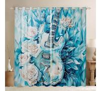 Cortinas de ventana de guitarra romántica para cocina, tamaño XL con encanto rosas bonitas pétalos de flores sombra decoración del hogar clásico azul acuarela estilo música occidental cortinas de