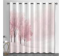 Cortinas de ventana pequeñas con diseño de árbol de flores rosadas, cortina corta de paisaje en acuarela para ventanas, escena de nieve, cortinas de ventana de cocina sobre fregadero, cocina, lavadero