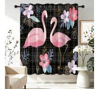 Cortinas Dibujos De Lindo Flamenco Rosa, Cortinas Opacas con Ojales, Tela A Cuadros Negros Cortina Opaca térmica para niños Adolescentes Dormitorio Sala de Estar, 140An x 260Al cm (2 Paneles)