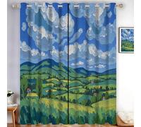 Cortinas Dormitorio Salón Pintura Al Óleo De Campos Colinas Y Paisajes, Térmicas Aislantes Anti-Ruido Decorativa Cortinas Habitacions para Sala de Estar Ojales 2 Piezas 140An x 200Al cm Azul verdoso