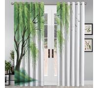 Cortinas Habitacion Adulto Con Ojales Patrón Sauce Verde Pintura Con Tinta A Mano Alzada Cortinas Opacas Termicas Aislantes Frio Y Calor 2 Piezas Para Dormitorio Salon Hogar Decoración, 140 X 160 Cm