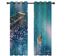 Cortinas Habitacion Dormitorio 3D Barco De Ciervos Con Flores Azules Y Rosas Que Caen Patrón Cortinas Opacas Termicas Aislantes Frío Y Calor Reduccion Ruido Proteccion Intimidad Para Hogar, 2 Panel