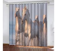 Cortinas Infantiles Moderno 3D Caballos De Animales Blancos En El Agua Cortinas Opacas De Habitación Niño Niña, 2 Piezas 250x200 Cm Con Ojales Para Ventanas Salon Dormitorio, Cortina Opaca Termica A