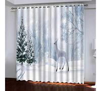 Cortinas Infantiles Niña, Opacas, Paisaje Nevado De Alces Navideños 3D Moderno Con Ojales 280x160 Cm 2 Paneles, Dormitorio Infantil Cortinas De Ventana, Salon Decoración Para Habitación Sala De Niño