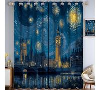 Cortinas Opacas 100% Big Ben Puente De Londres Negras para Dormitorio, 2 Paneles de Cortinas Opacas Estilo Pintura Al Óleo para Sala de Estar, Aislamiento térmico, 140x280cm, Azul Amarillo