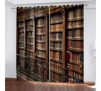 Cortinas Opacas 2 Piezas 140x160 cm con Ojales, Térmicas Aislantes Frío y Calor, Cortinas Estampadas Estantería Retro Biblioteca Vintage para Ventanas de Dormitorio y Salón A-934