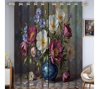 Cortinas Opacas 2 Piezas, 140x160cm Cortinas Termicas Aislantes Frio Y Calor Pintura Al Óleo Clásica Cortina Antiruido Ramo De Peonías En Jarrón con Trabillas para Salon, Dormitorio, Gris-Verde